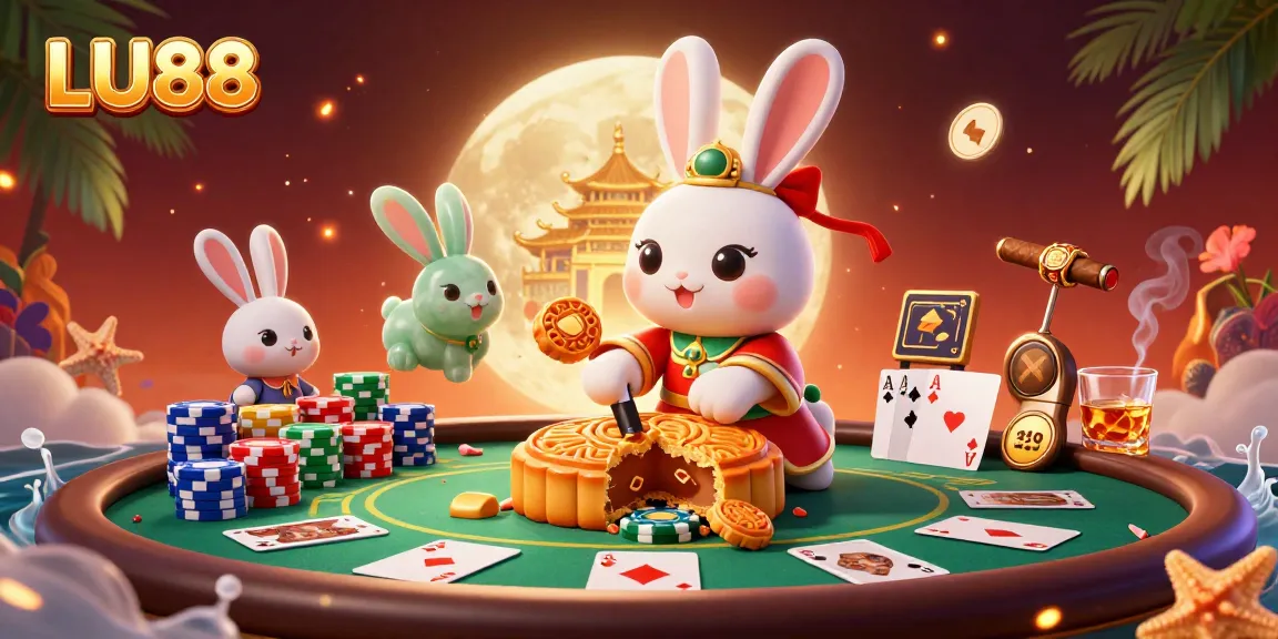 LU88 showcases a vibrant scene where cartoon moon rabbits play poker, surrounded by colorful chips and casino elements.