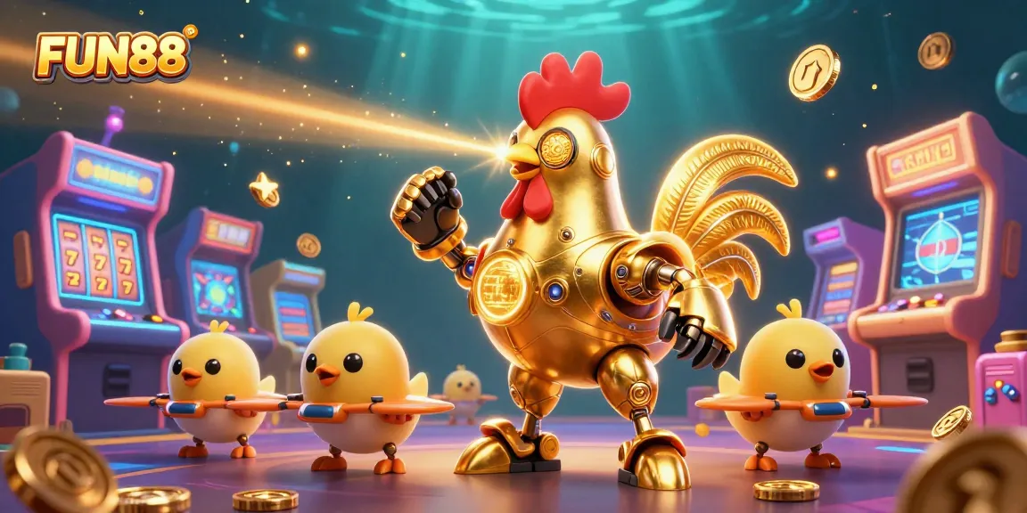 Experience fun and excitement with FUN88 as golden characters engage with slot machines in a vibrant casino scene.
