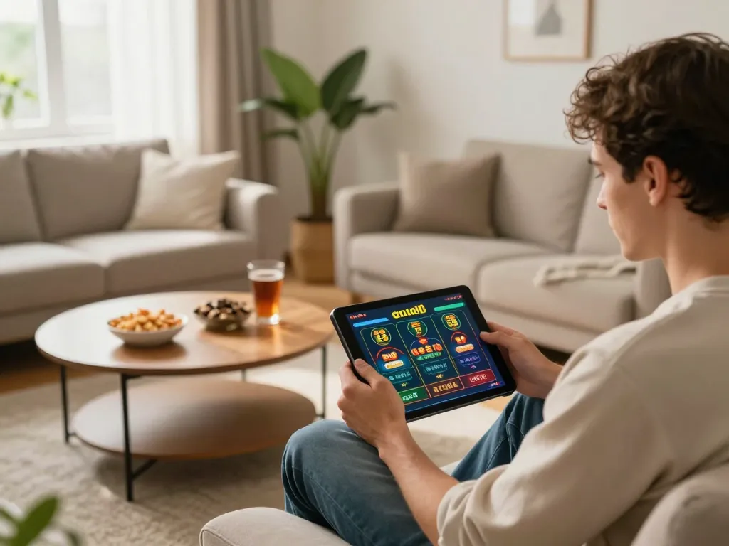 Player enjoying an engaging ee88 online casino game on tablet in a cozy home setting
