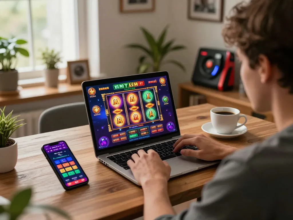 Engaging online gaming session at https://sc88slot.me/ with vibrant slot interface shown on laptop, promoting responsible gambling.