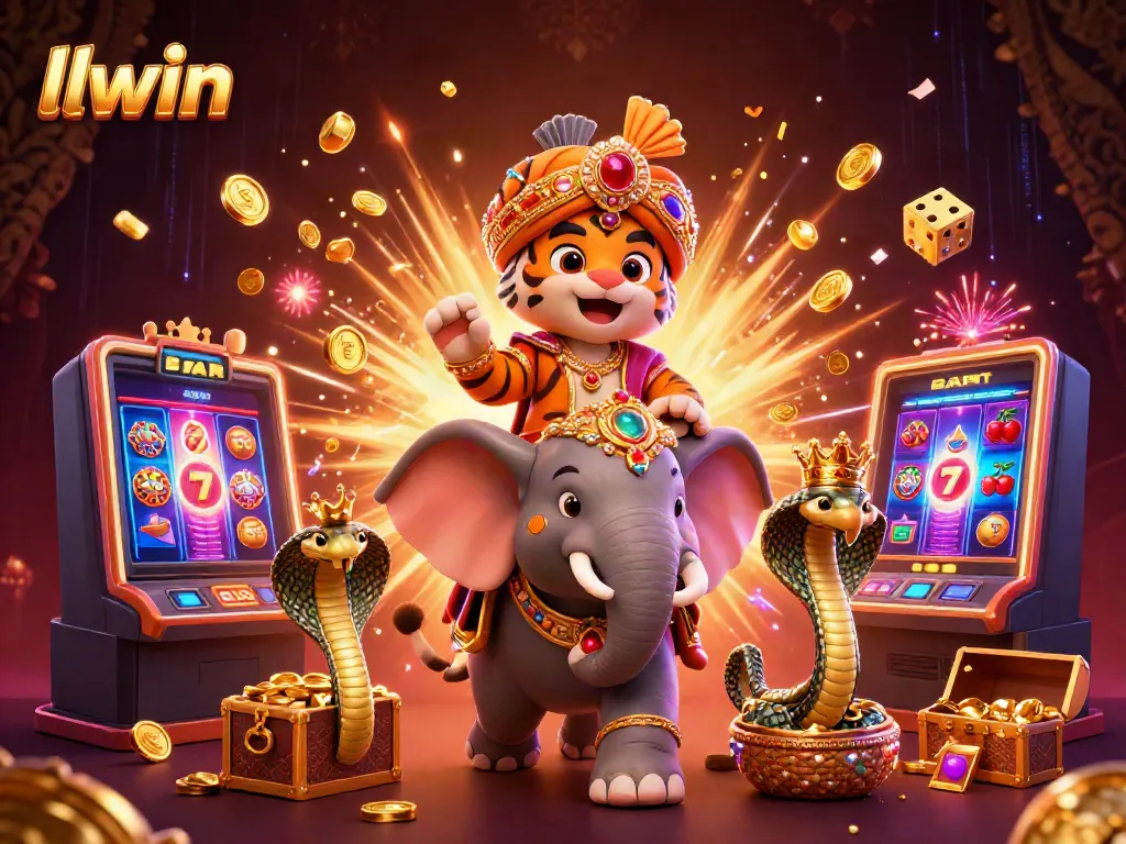 llwin showcases an Indian maharaja tiger and elephant in a vibrant casino scene, celebrating winnings.
