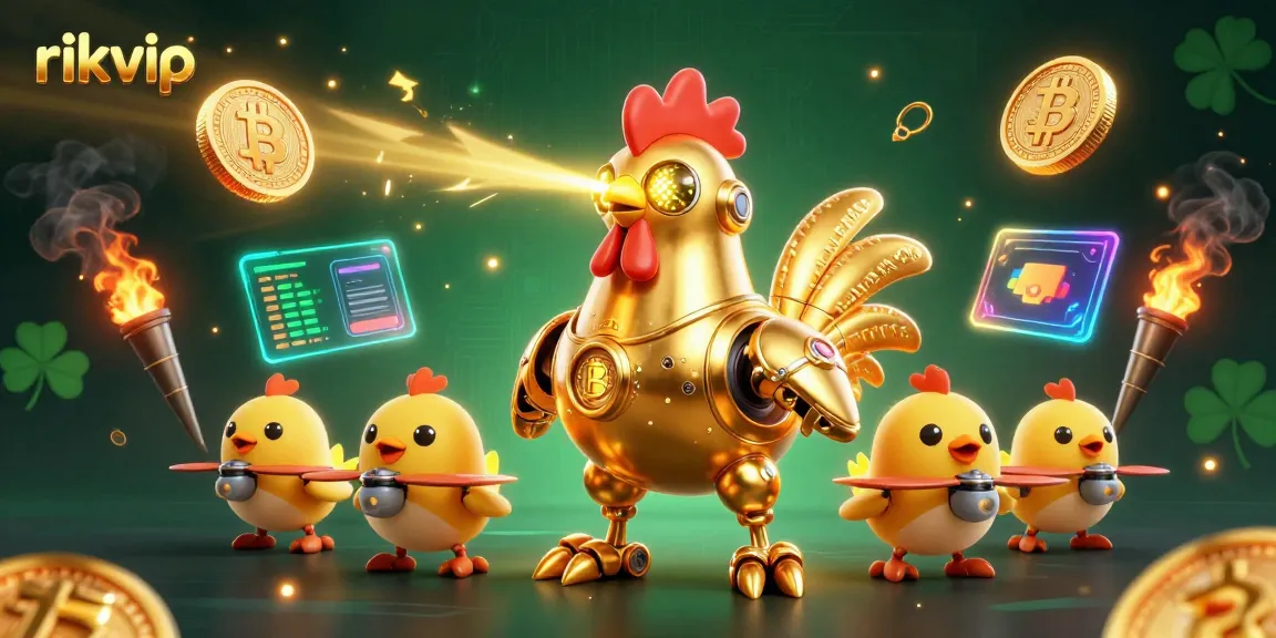 Engage in thrilling games at rikvip, featuring a futuristic golden rooster robot and baby chick drones.