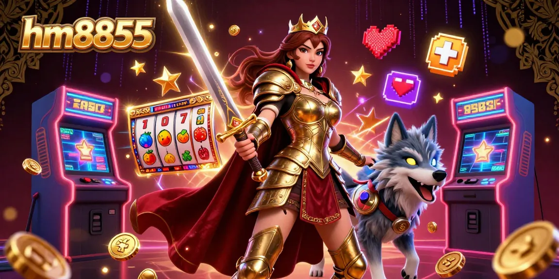 Engage in thrilling slots action with hm8855's warrior queen and arcade elements in a captivating 3D illustration.