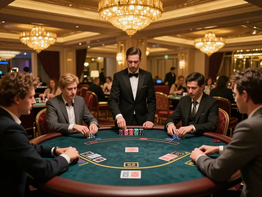 Engaged players at KP88 VIP poker table under warm ambient lighting, showcasing strategic gameplay with elegant decor.