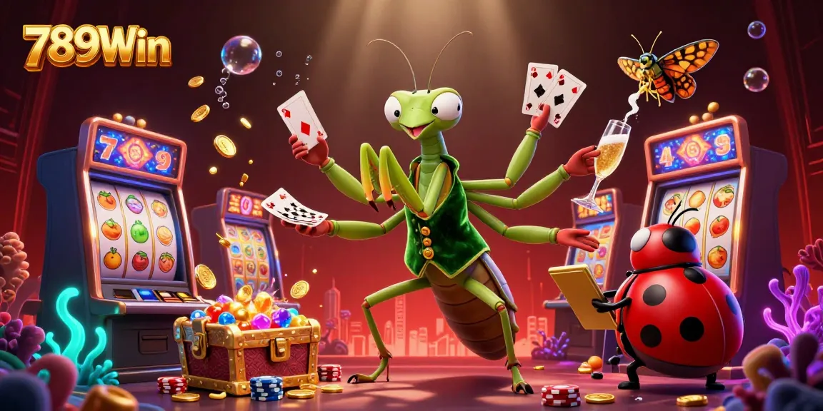 Experience the excitement of 789Win with colorful slot games and attractive characters in a vibrant digital illustration.