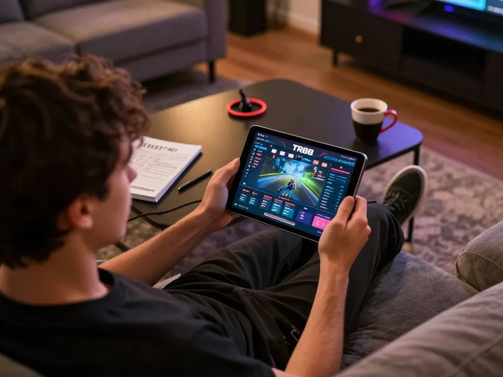 Engaged player focusing on TR88 đăng nhập via tablet, showcasing modern online gaming.