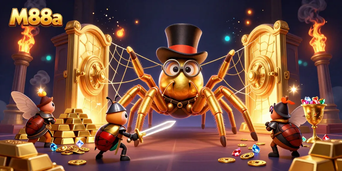 M88a-themed illustration featuring a giant tarantula and beetle knight amidst a treasure-filled casino scene.