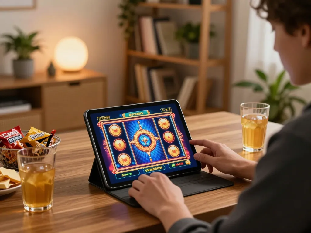 Engaging in online gaming with rusuntogel slots on a tablet in a cozy home setting