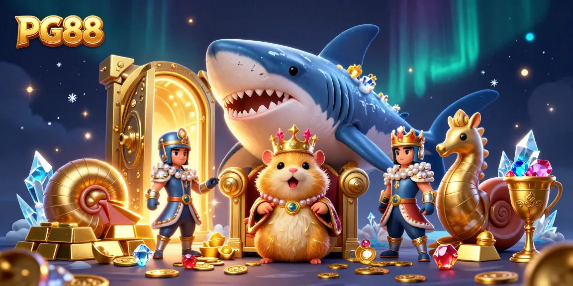 PG88 brings players an immersive gaming experience with a vibrant 3D illustration featuring a golden hamster king surrounded by treasure.