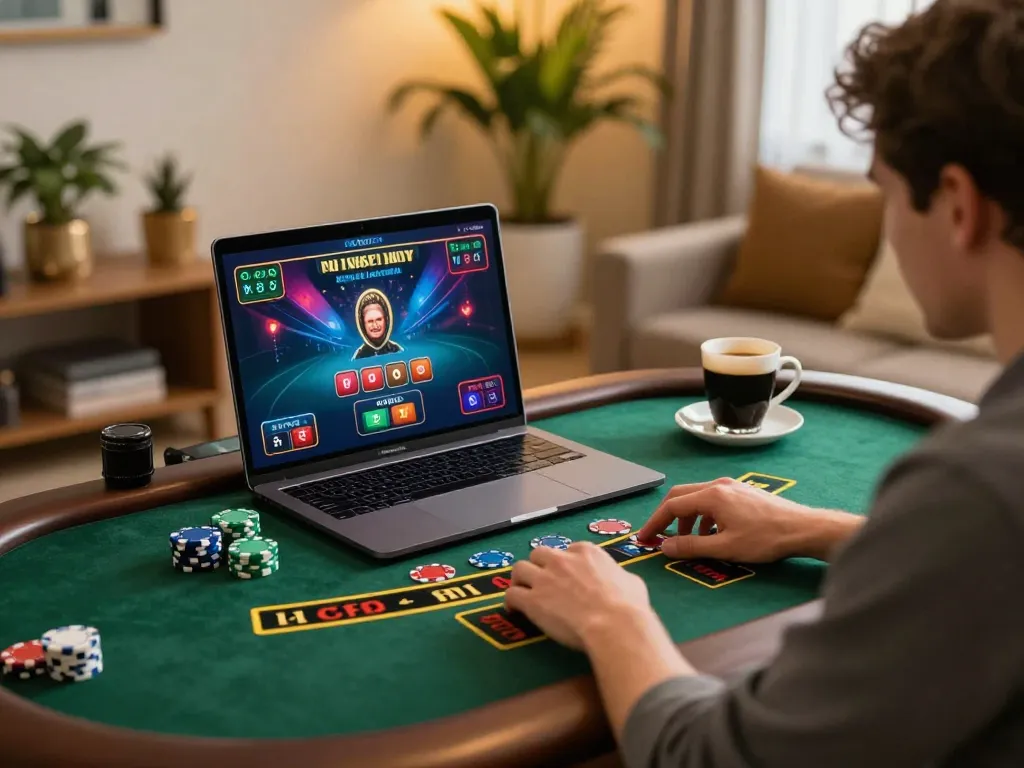 Engaging player on https://www.mnm88.com/ enjoying live dealer blackjack from home with laptop and coffee.