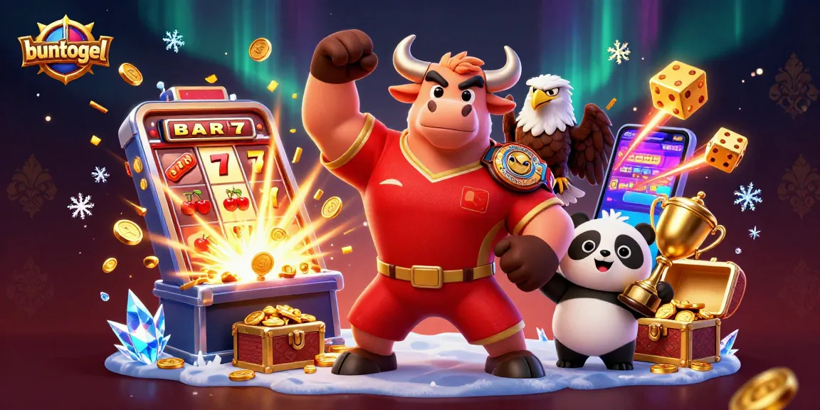 Buntogel jackpot excitement as a muscular bull mascot celebrates with an eagle and panda in a vibrant casino design.