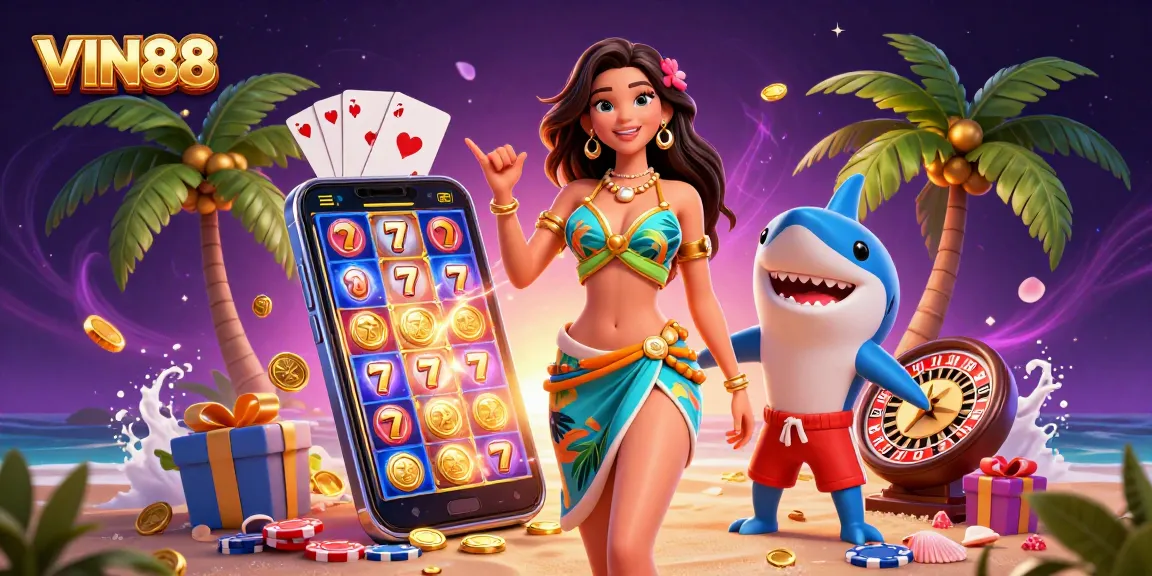 Spin to win with VIN88's lively casino scene featuring dynamic characters and colorful gaming elements.