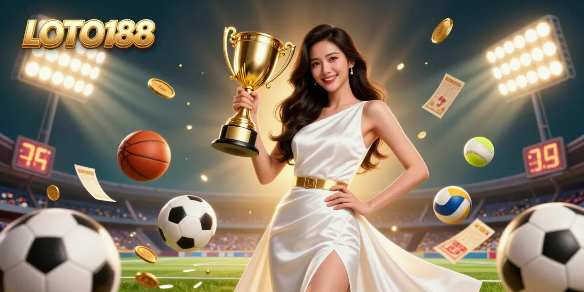 Experience thrilling sports betting at LOTO188 with a victorious figure holding a trophy and dynamic game elements.