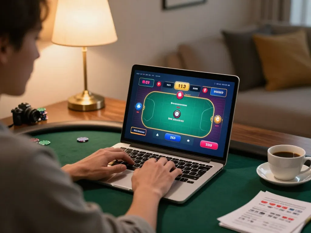 Lu88 poker gameplay on laptop, showcasing strategic betting insights and comfortable home setup.