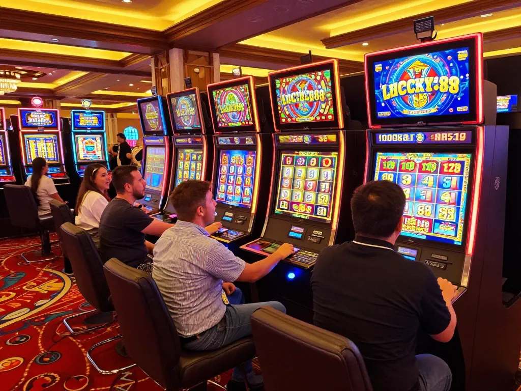 Players enjoying the thrilling Lucky 88 slot machine under vibrant casino lights