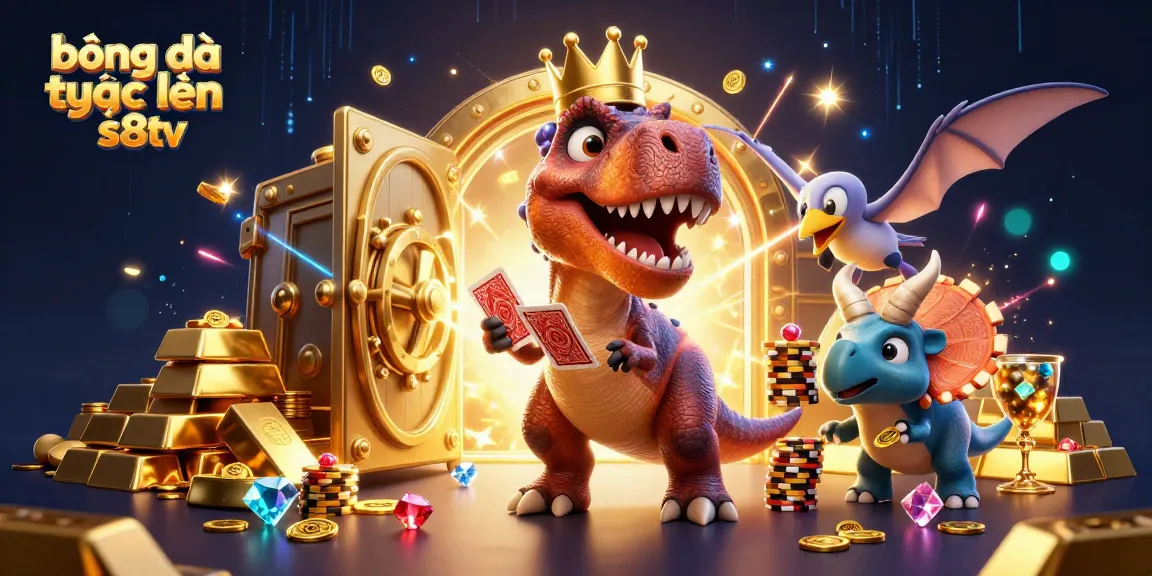 Bóng đá trực tuyến s8tv scene featuring a friendly T-Rex, a pterodactyl, and a baby triceratops amidst gold and jewels.