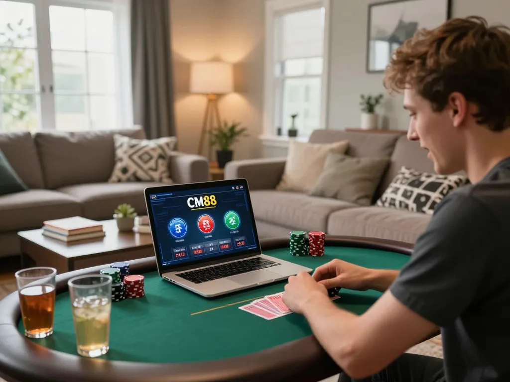 Engaging gameplay on CM88 radio platform, capturing a player focused on their online poker session at home.
