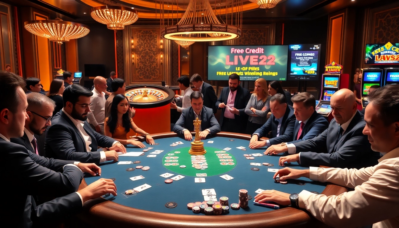 Players enjoying high-stakes poker with free credit live22 promotions in a vibrant casino setting.
