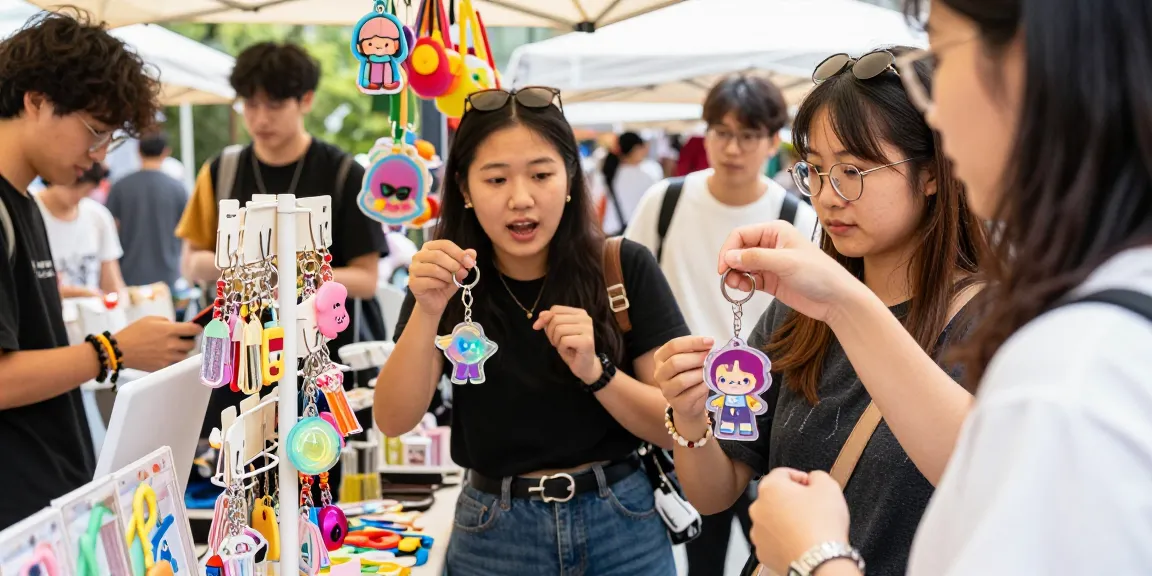 Friends excitedly browsing colorful custom keychains at a vibrant pop-up market, showcasing unique designs and accessories.