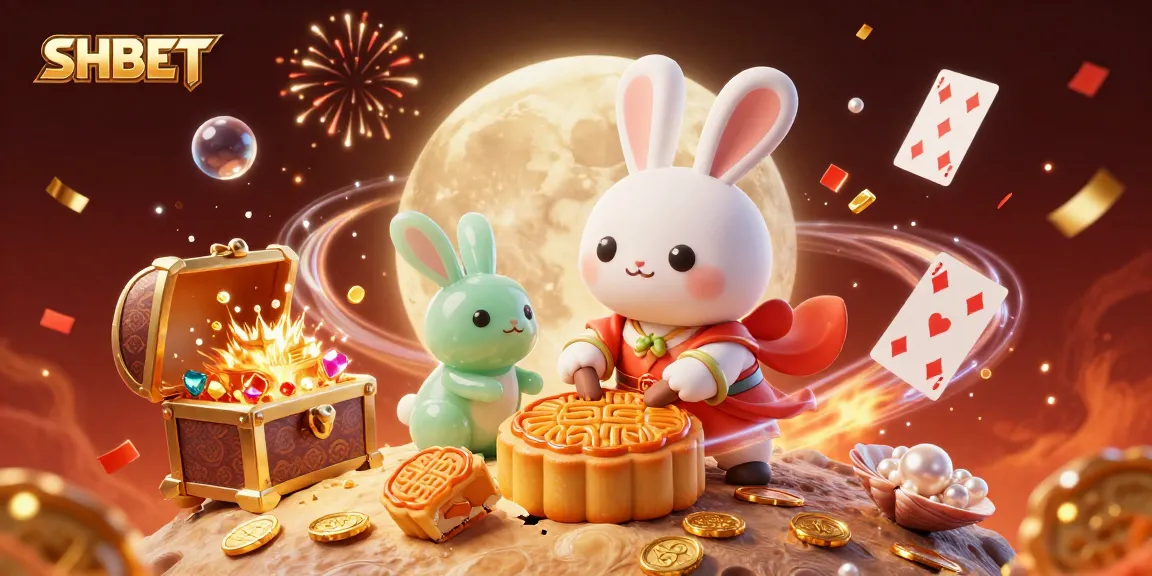 Experience the excitement of SHBET with a dynamic 3D casino scene featuring the moon rabbit and vibrant gaming elements.