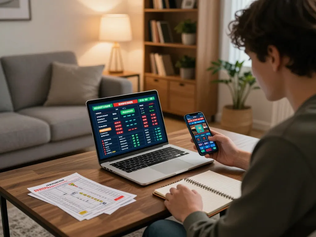 Engaged player using 88vv lừa dảo for strategic online sports betting in a cozy living room.