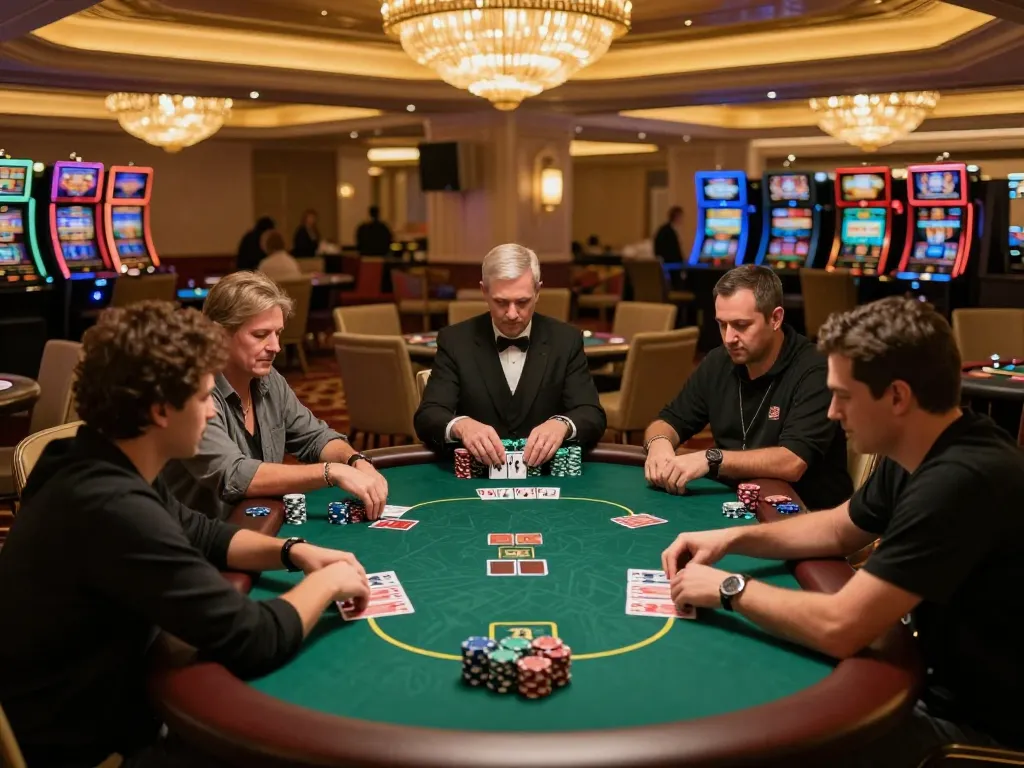 Daga players strategizing at a poker table in a luxurious Vegas casino, with stacks of chips and dynamic gameplay.