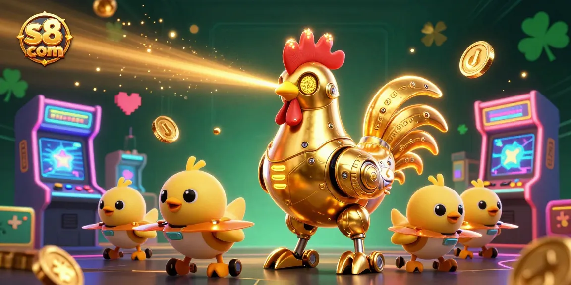 Engage in thrilling gameplay at s8 com with a dynamic golden rooster robot and baby chick drones amidst colorful gaming elements.