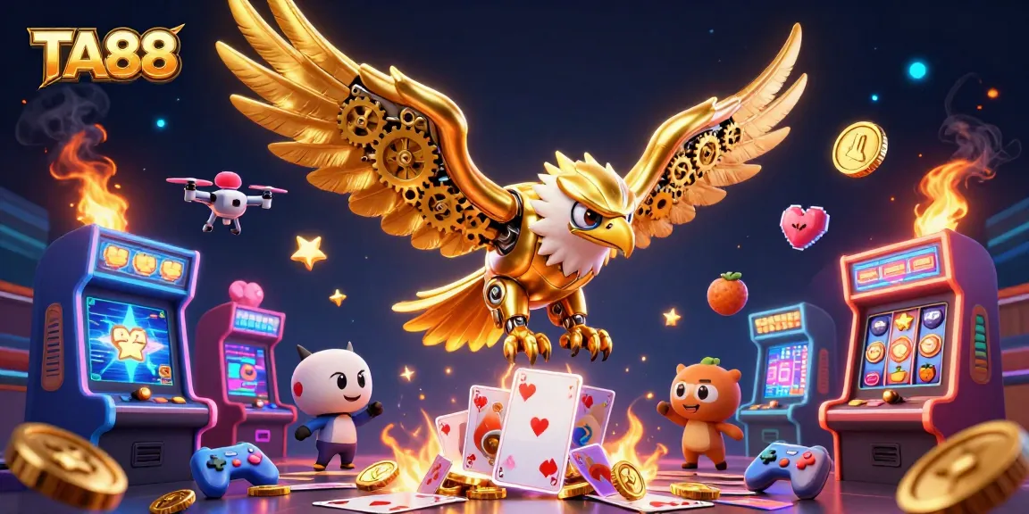 Experience thrilling gameplay at TA88, featuring golden eagle diving among vibrant casino elements.