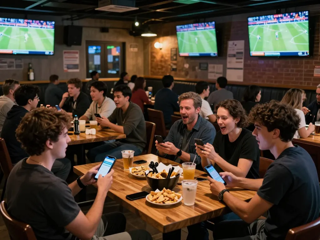 Sports fans engaging in soi keo nha cai betting from a lively bar setting with multiple screens.