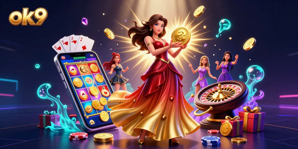 Spin energetic slot games and win with ok9's vibrant casino action illustration.