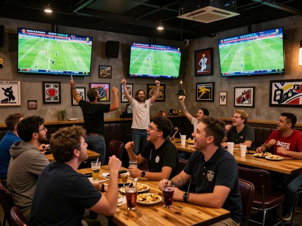 KQBD - Xem KQ Bóng Đá Trực Tuyến Miễn Phí, Chất Lượng Cao experience at a lively sports bar showcasing excited fans watching live matches.