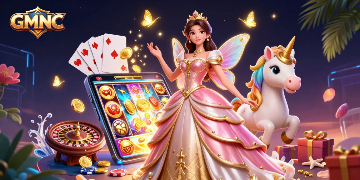 Spin the reels with GMNC's vibrant casino-themed illustration featuring enchanting characters.
