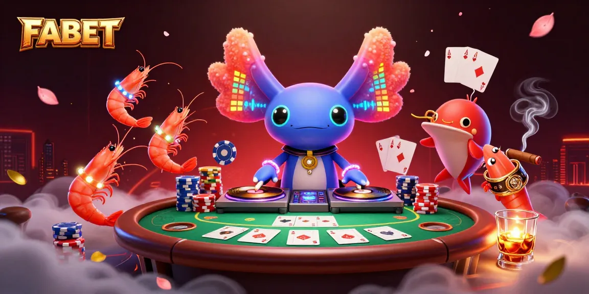 FABET players enjoying poker with a vibrant axolotl DJ and animated sea creatures.