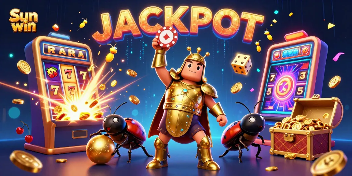 Win big with Sun win as a cartoon beetle celebrates victory amidst vibrant slots themes.