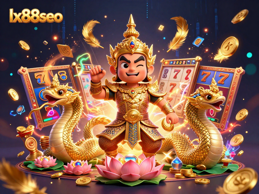 Engage with the thrilling atmosphere of lx88seo's illustrated casino adventure featuring vibrant Thai guardian characters and dynamic gaming elements.