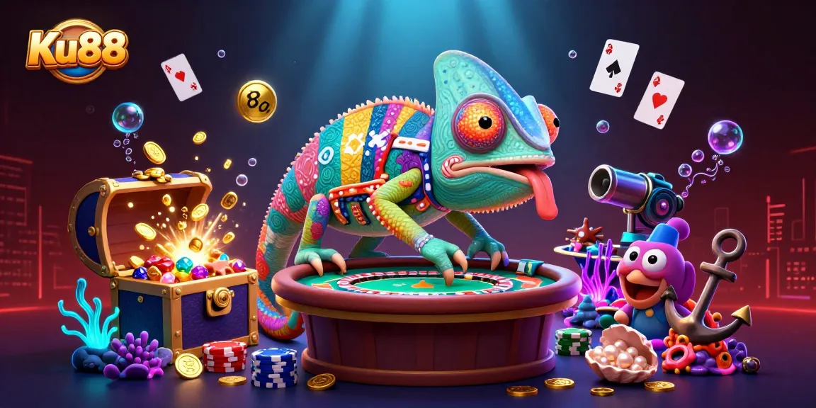 Engage with Ku88's vibrant casino scene featuring a chameleon owner and dynamic game elements.