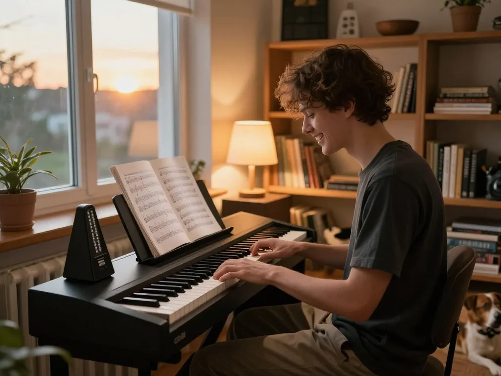 Young musician playing GO 88 digital piano in cozy home atmosphere, warm lighting and musical props.