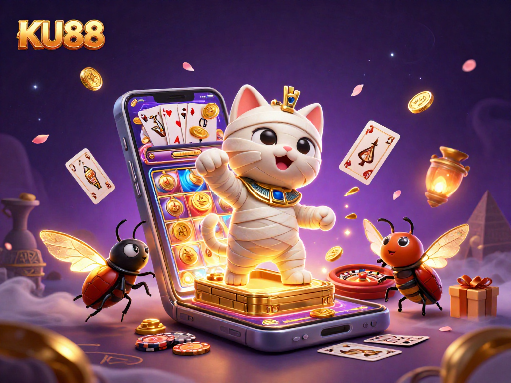 Join KU88's thrilling casino adventure with a mummy cat and scarab beetle in a vibrant pyramid!