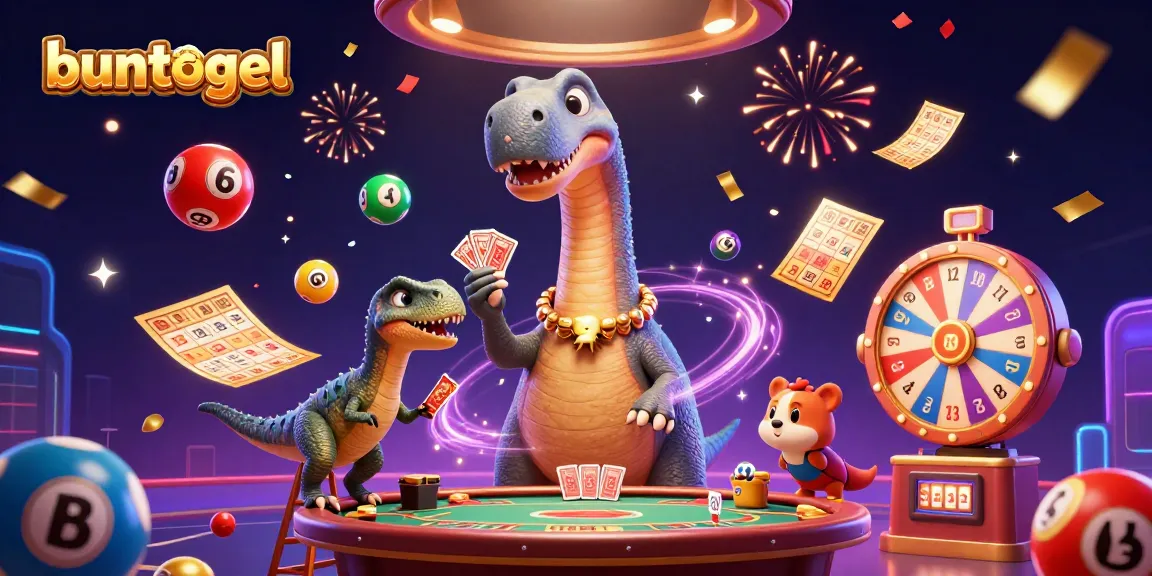 Engage with buntogel on a vibrant casino scene featuring lottery balls, cards, and festive fireworks.