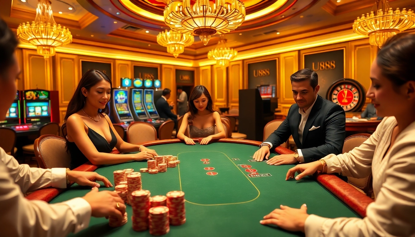 Experience thrilling poker gameplay at U888 in a luxurious casino setting.
