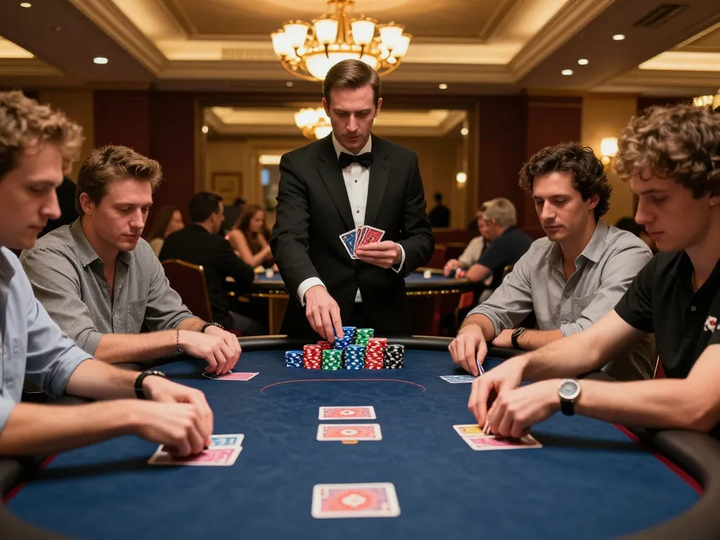 Sunwingo poker players engaged in a strategic showdown at a luxurious casino table.