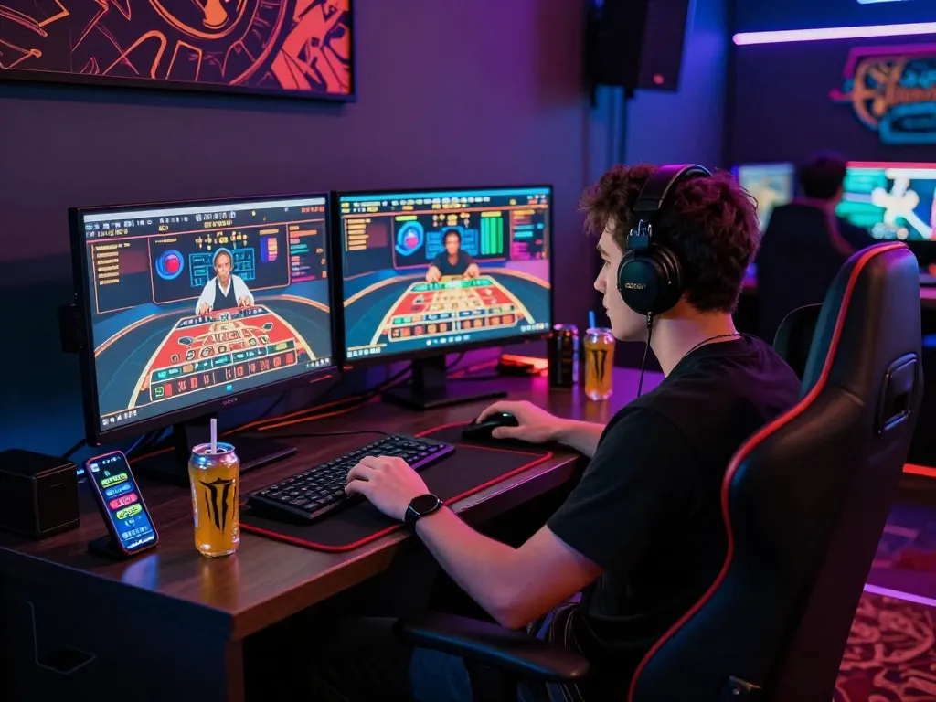 Engaging online gambling scene at https://bomwin.jp.net/ with a player focused on dual screens displaying live casino games and betting dashboards.