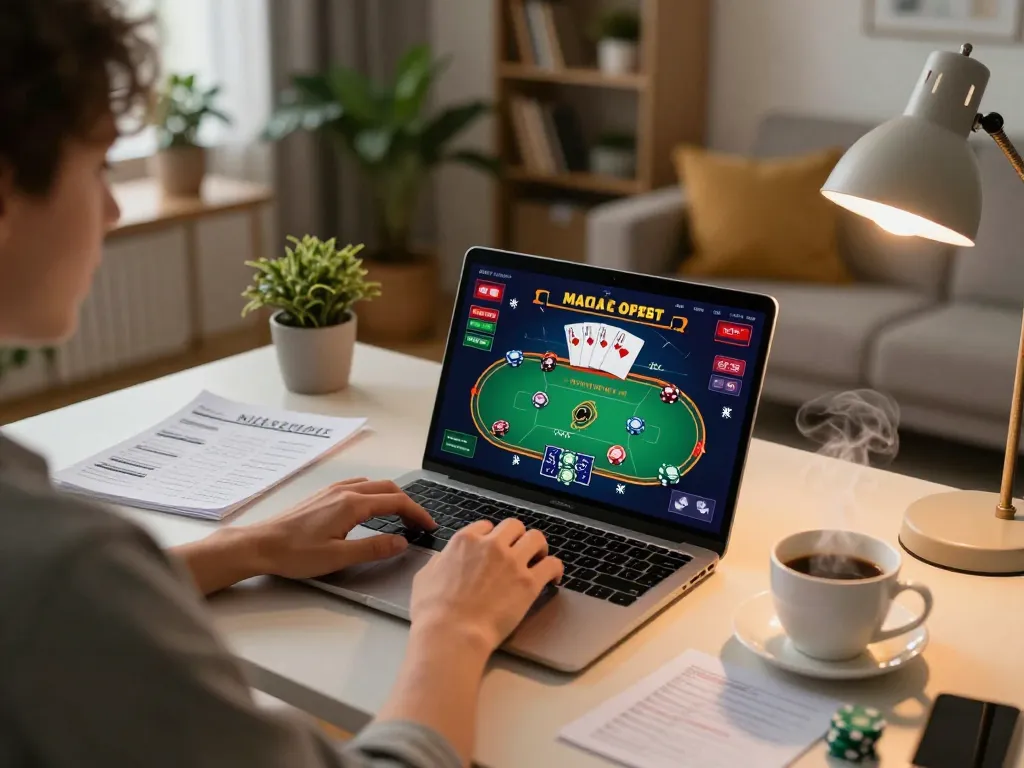The scene shows a player engaged in online poker at home while utilizing bankroll management notes, reflecting the strategic nature of aa88 gaming.