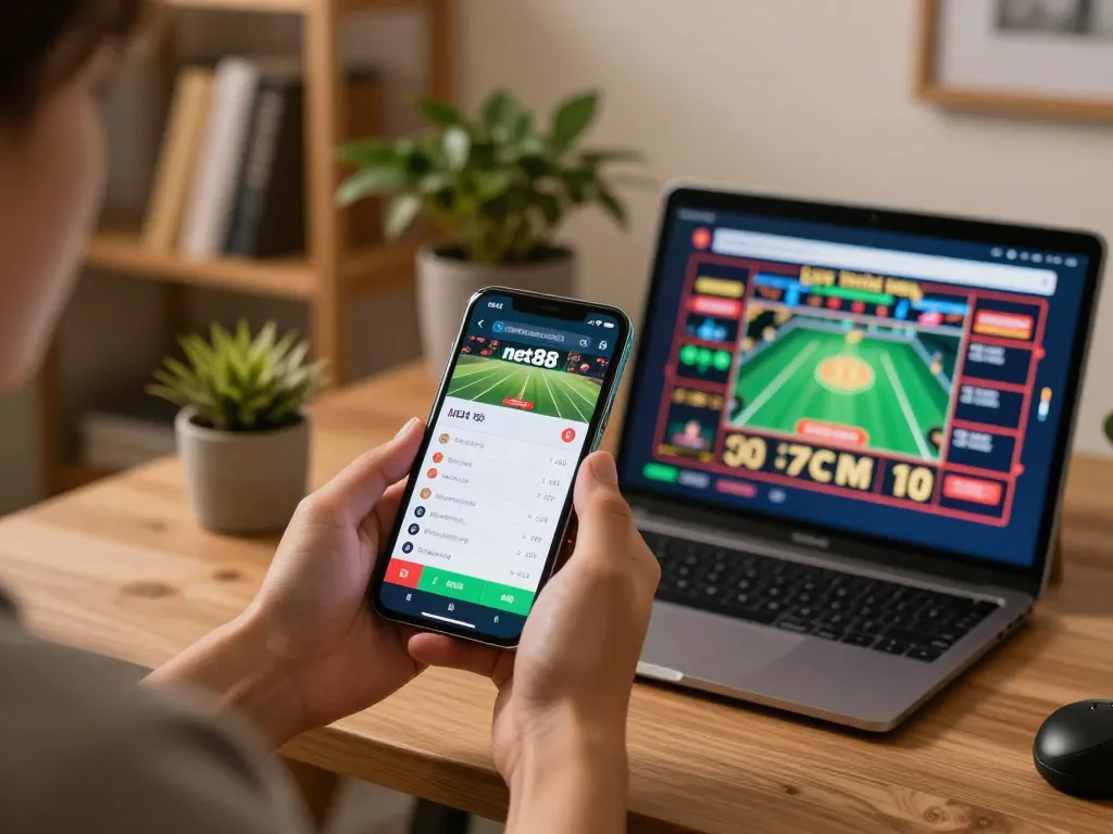Person betting on net88 app on smartphone during home sports event, showcasing responsible gaming.