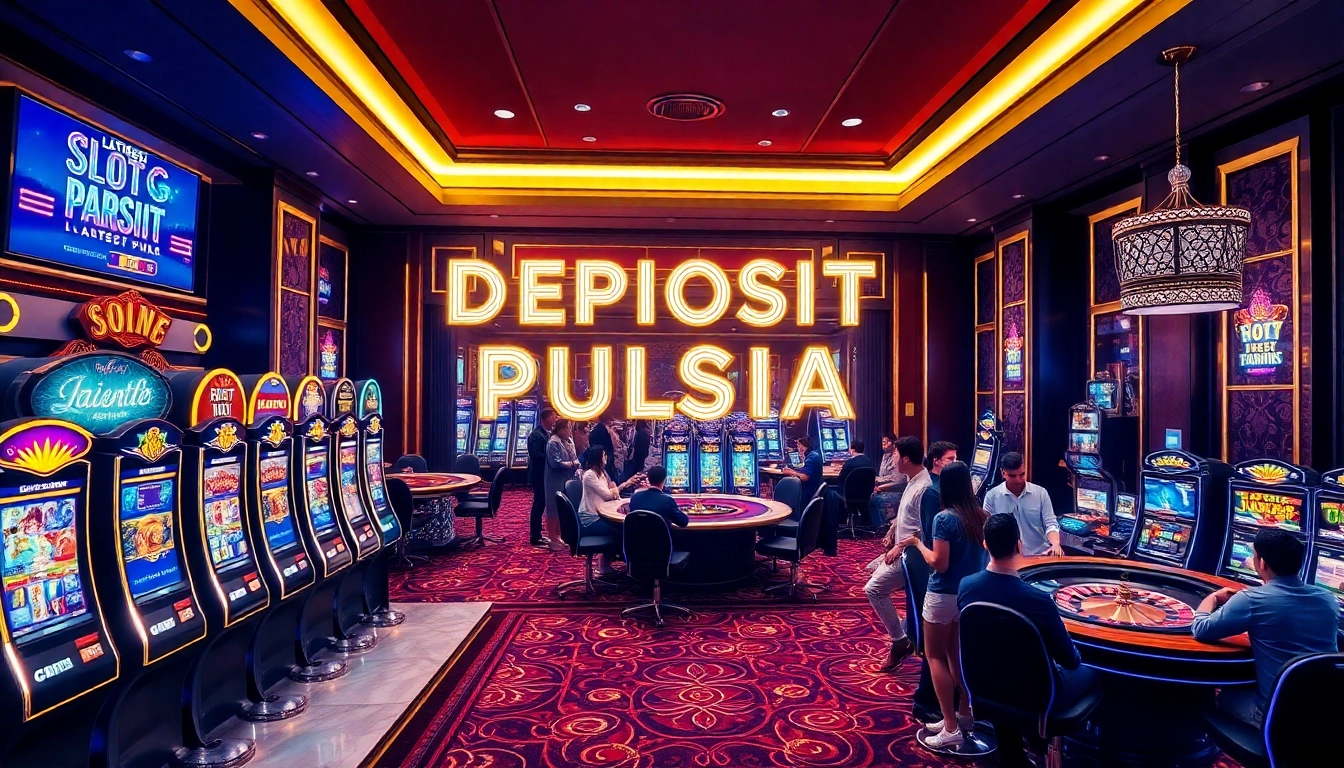 Players experiencing the thrill of slot deposit pulsa games in a luxurious casino setting with neon accents and exciting visual elements.