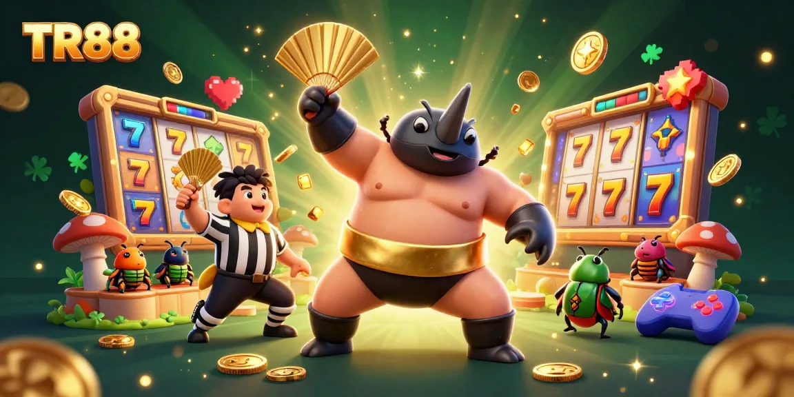 Cheer for TR88 as a rhinoceros beetle champion performs in a vibrant casino scene filled with spinning slots and gold.