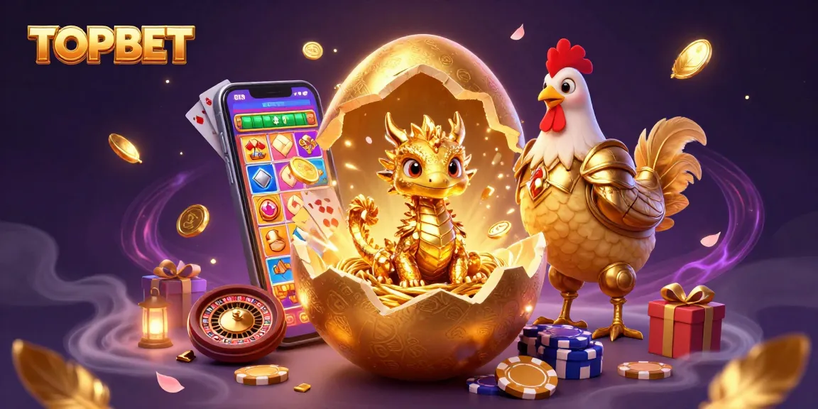 TOPBET showcases a vibrant scene with a golden dragon and poker chips amidst dynamic gaming elements.