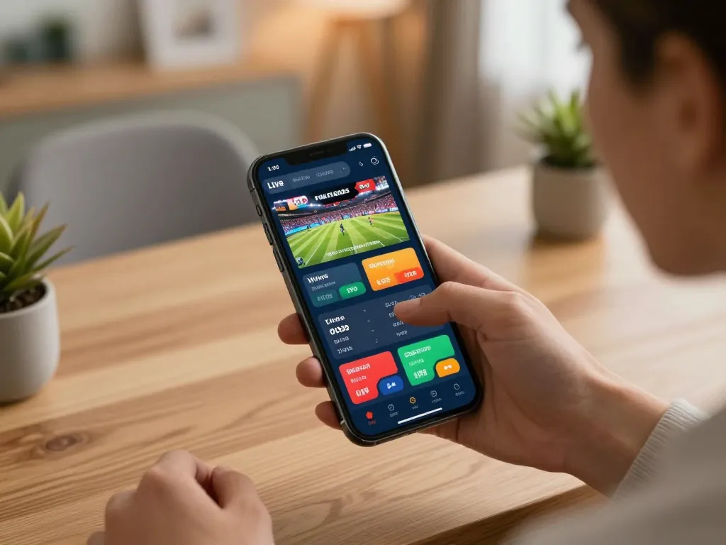 Betting on one88h with smartphone in a cozy home environment, showcasing live sports odds.