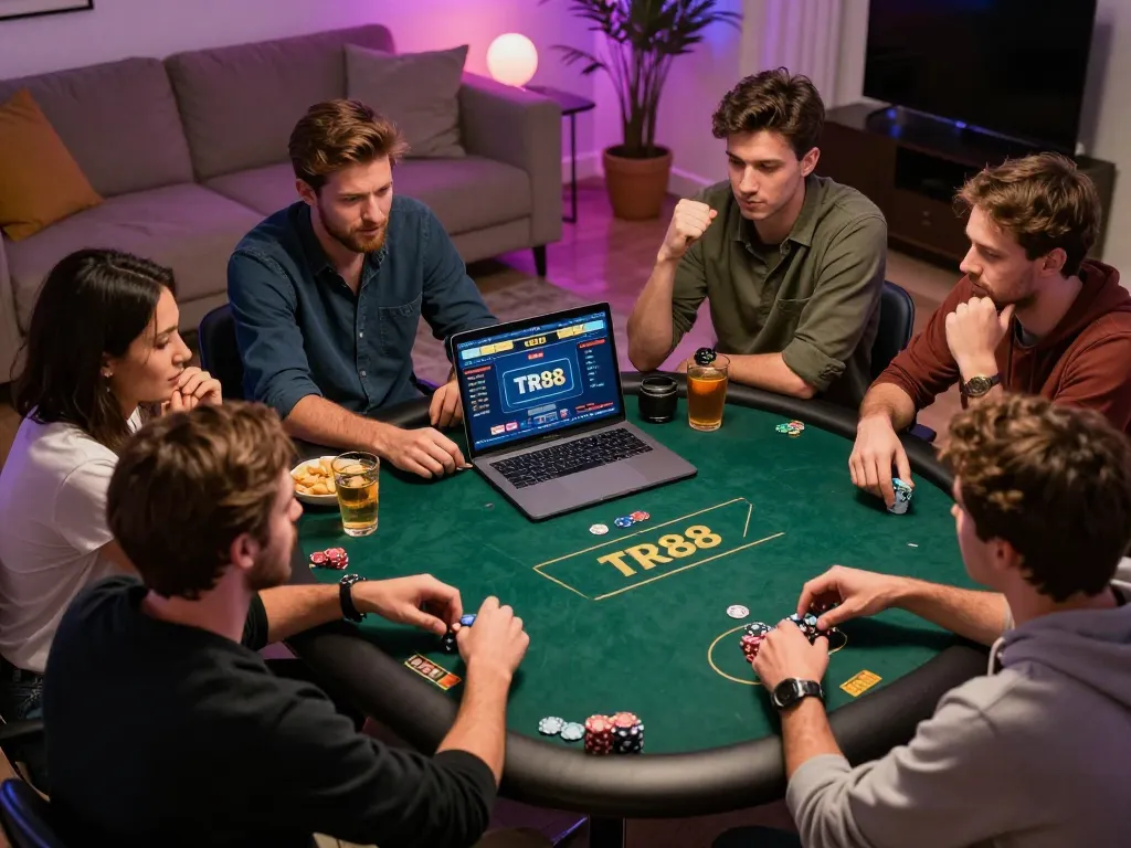 TR88 players engage in an exciting online poker game from home, showcasing competitive spirit.