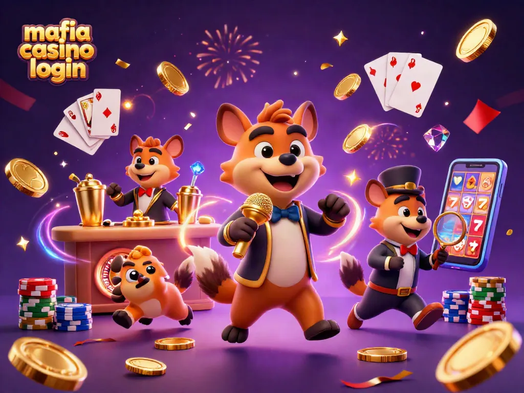 Experience the excitement of mafia casino login with lively hyenas performing in a comedy casino scene filled with golden coins and playing cards.